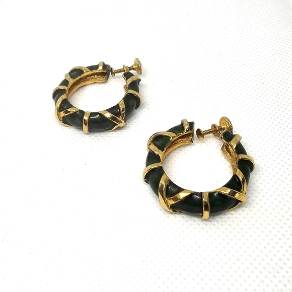 Zentall vintage screw back gold and green enamel chunky hoop earrings - Picture 1 of 4
